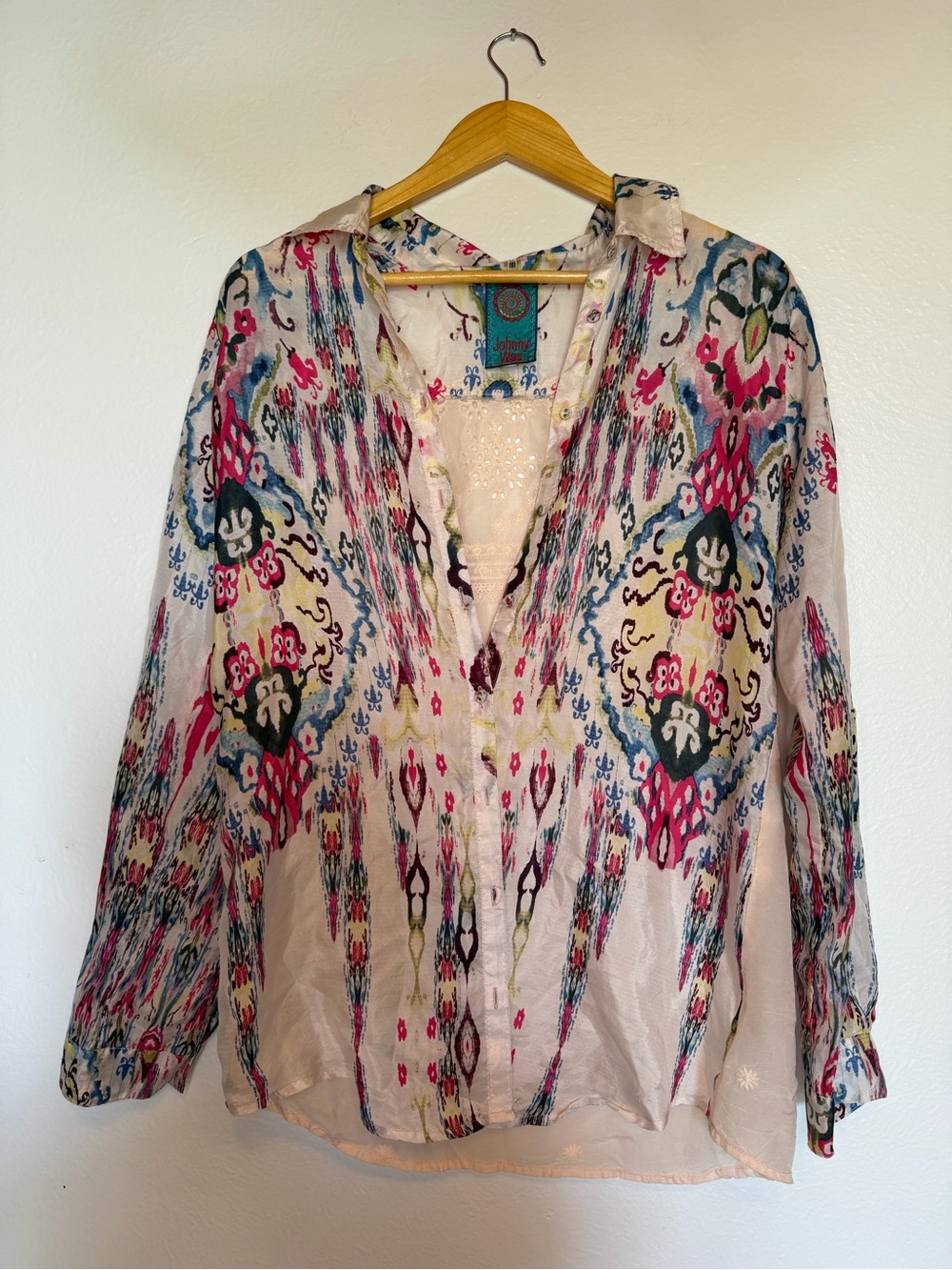 Johnny Was Multi Color Ikat Print Button Up Blouse
